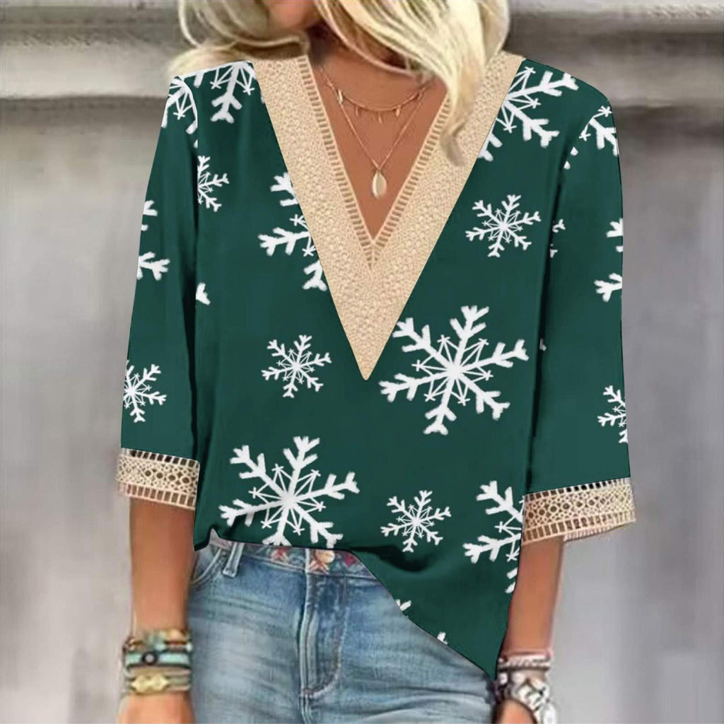 V-neck Lace-trimmed Printed Loose-fit Blouse Top