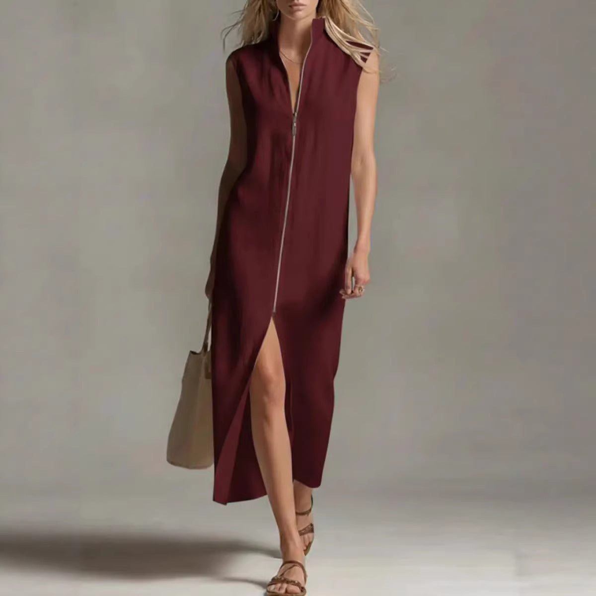 Sleeveless Zippered Stand Collar Fashionable Slit Casual Dress