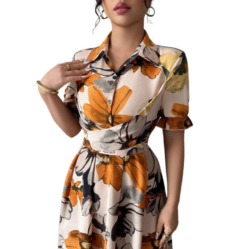 Womens Blouse-collar Puff-sleeve Cross-tie Waist Printed Dress