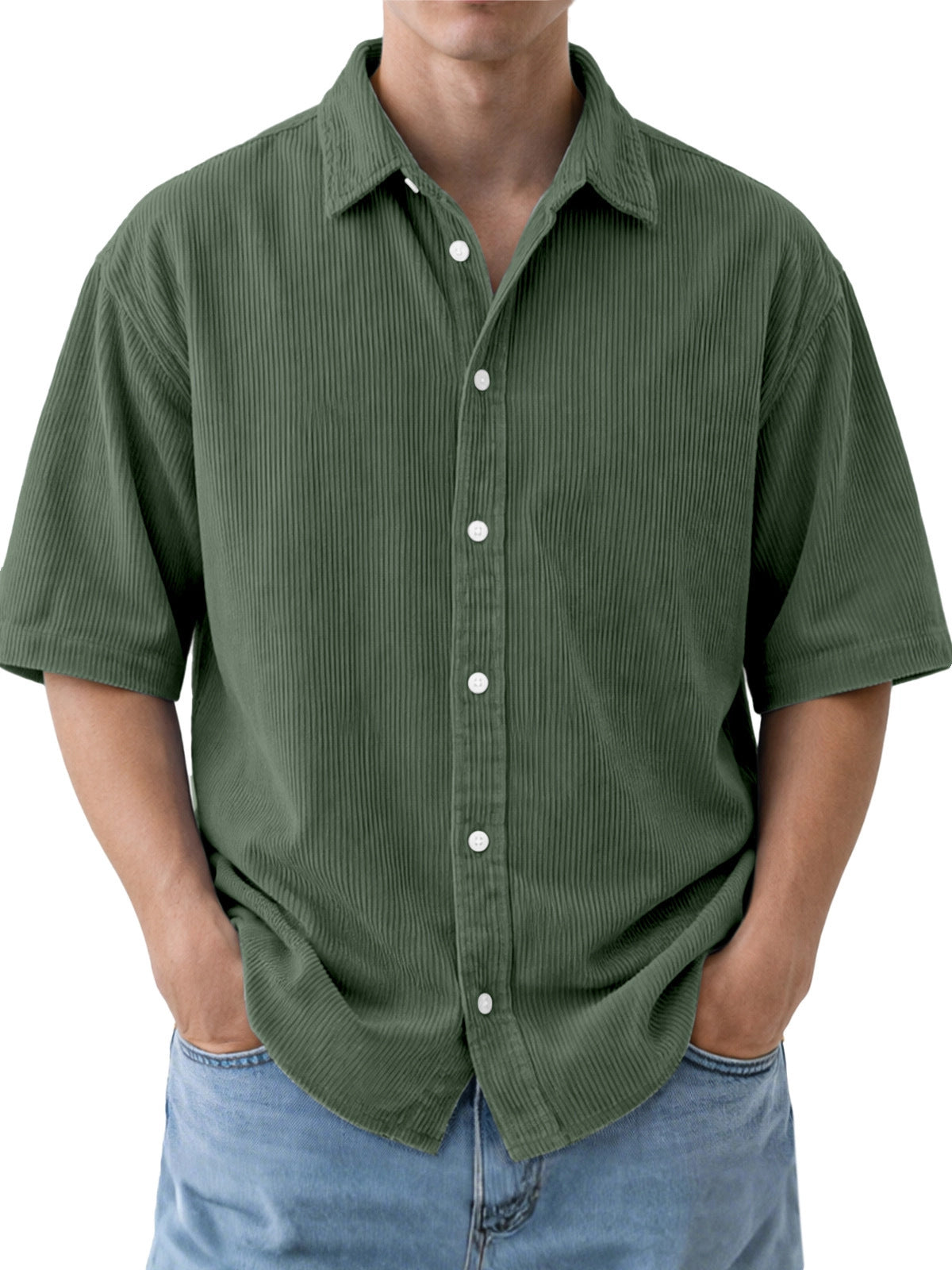 Mens Loose-Fit Solid-Color Corduroy Short-Sleeve Shirt