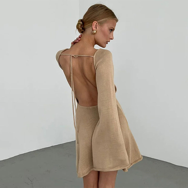 Womens Sexy Loose-fittingBackless Long-sleeve Dress