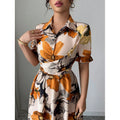 Womens Blouse-collar Puff-sleeve Cross-tie Waist Printed Dress