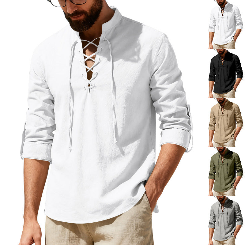 Mens Casual Long-sleeve Linen Henley Shirt
