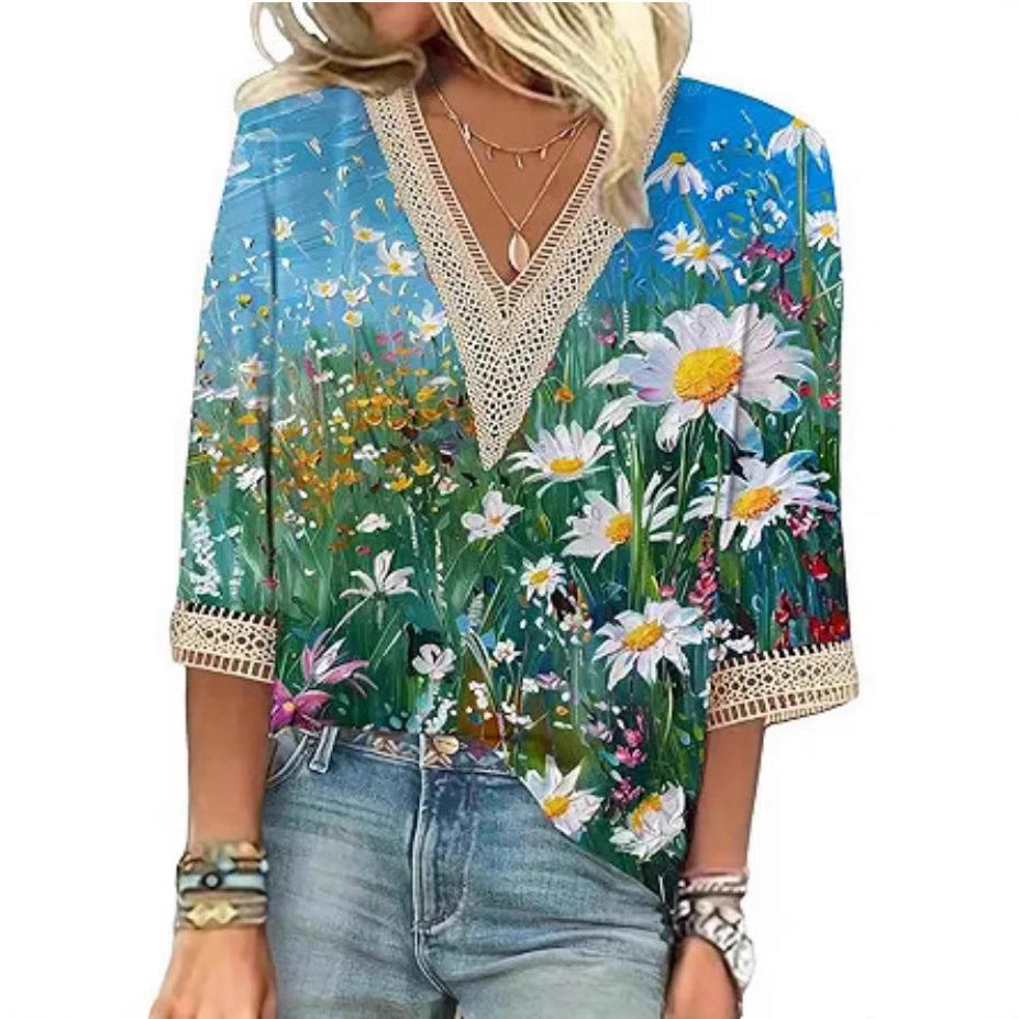 V-neck Lace-trimmed Printed Loose-fit Blouse Top