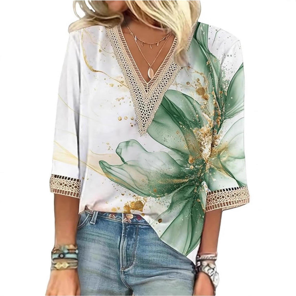 V-neck Lace-trimmed Printed Loose-fit Blouse Top