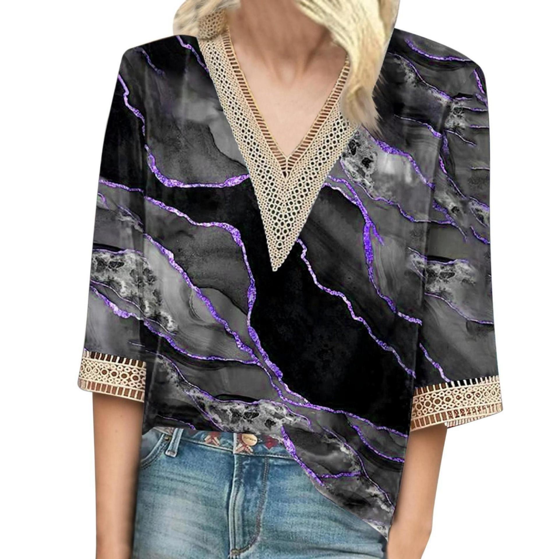 V-neck Lace-trimmed Printed Loose-fit Blouse Top