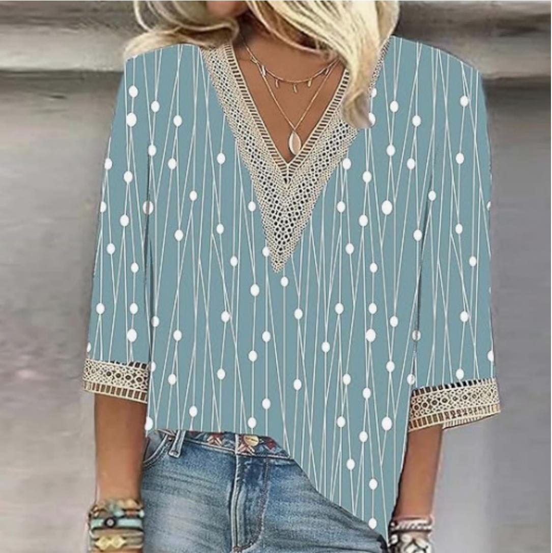 V-neck Lace-trimmed Printed Loose-fit Blouse Top