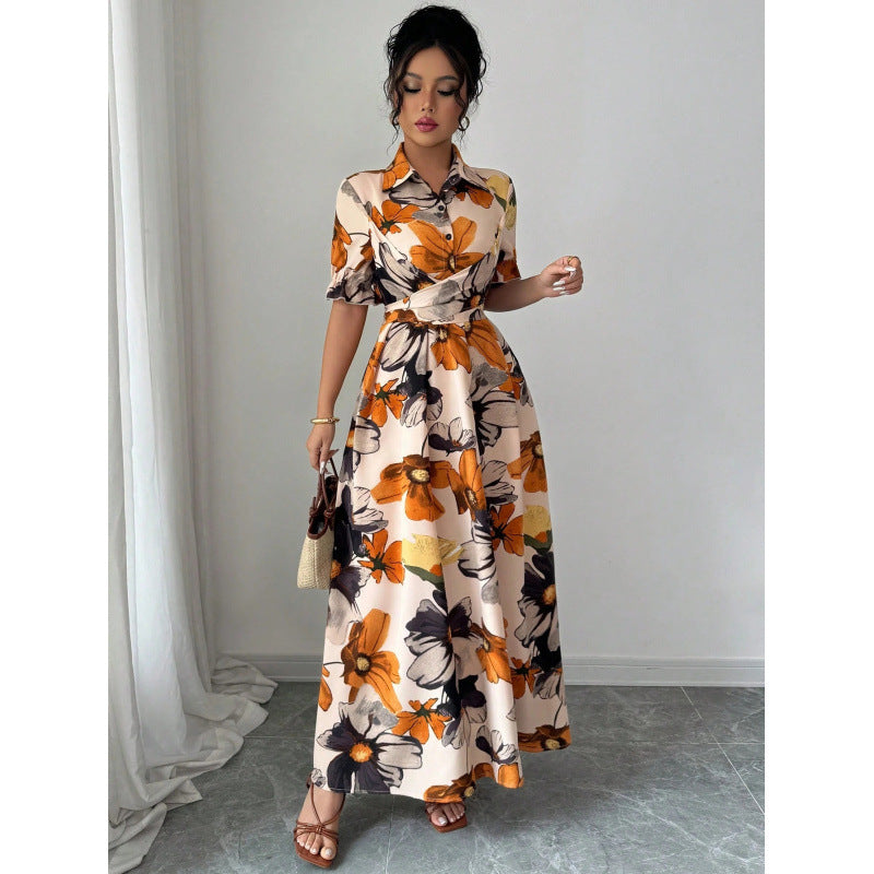 Womens Blouse-collar Puff-sleeve Cross-tie Waist Printed Dress