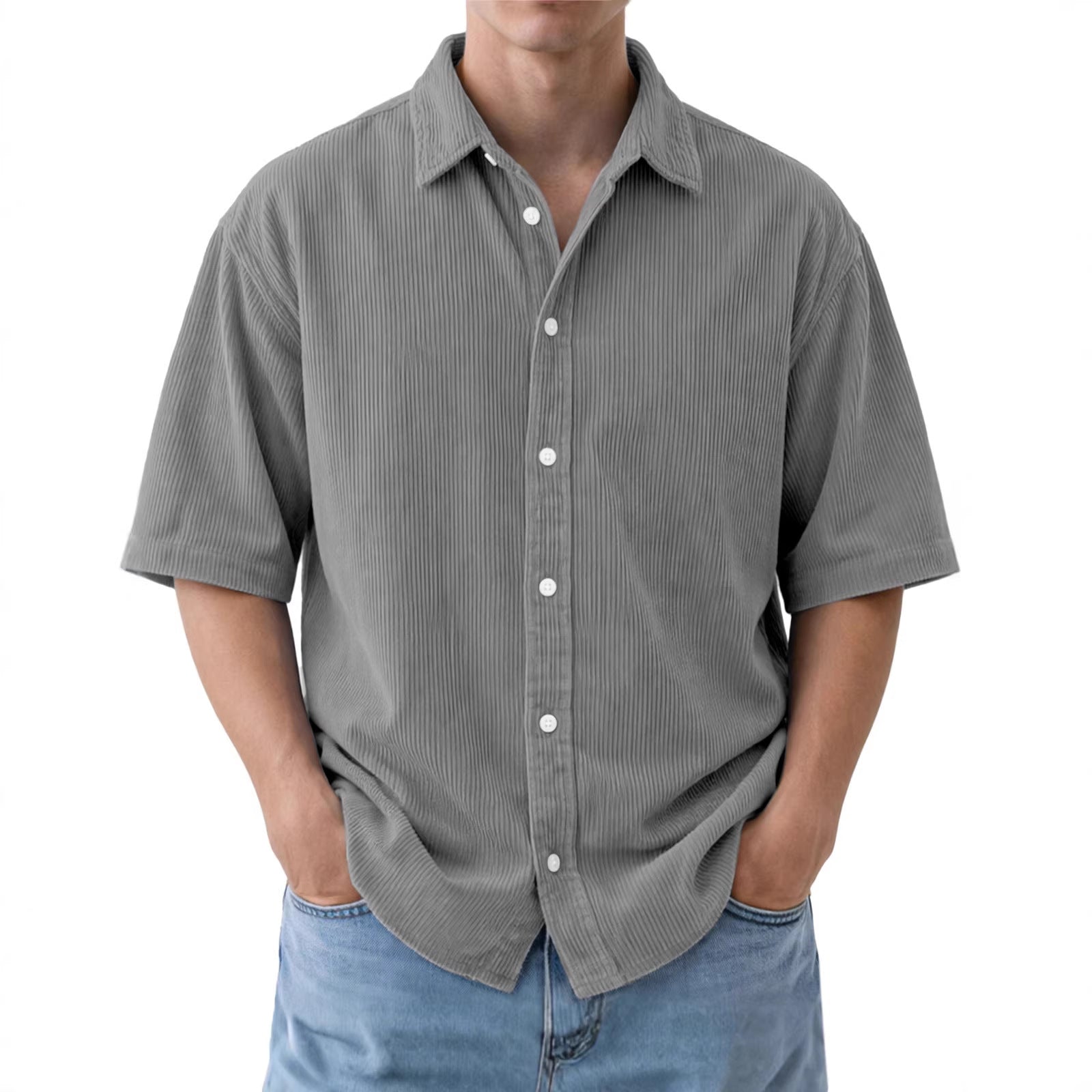 Mens Loose-Fit Solid-Color Corduroy Short-Sleeve Shirt