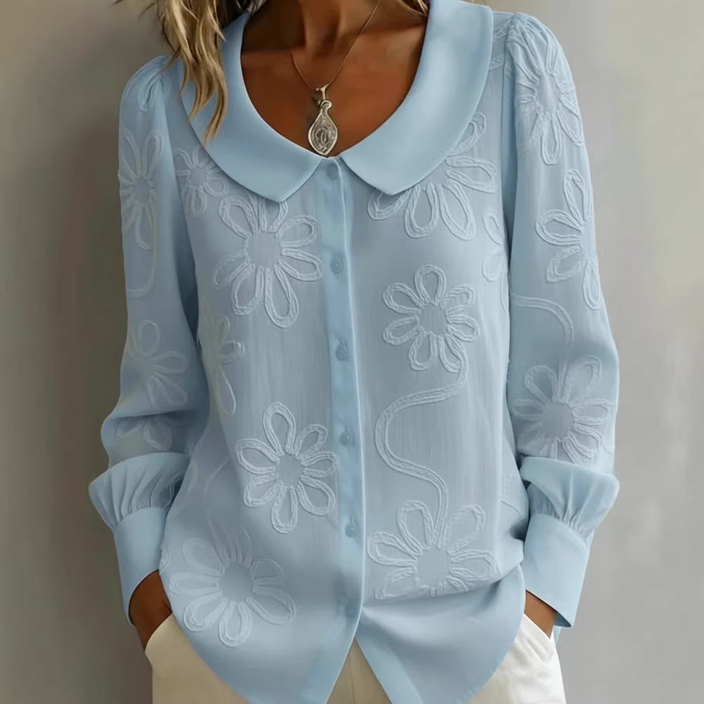 Womens Embroidered Jacquard Doll Collar Long-Sleeve Shirt