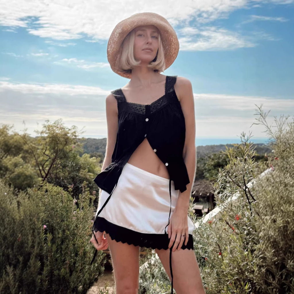 Womens Lace Skirt In Matte Satin Cropped Length