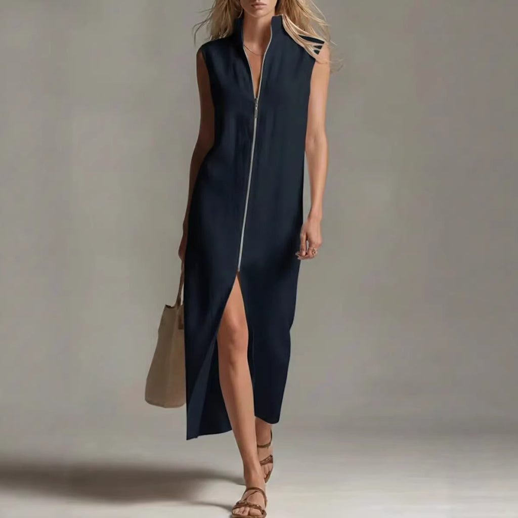 Sleeveless Zippered Stand Collar Fashionable Slit Casual Dress