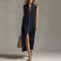 Sleeveless Zippered Stand Collar Fashionable Slit Casual Dress