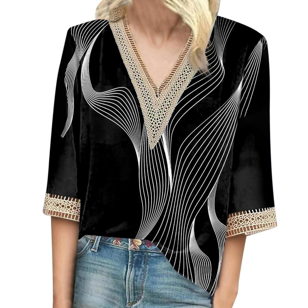 V-neck Lace-trimmed Printed Loose-fit Blouse Top