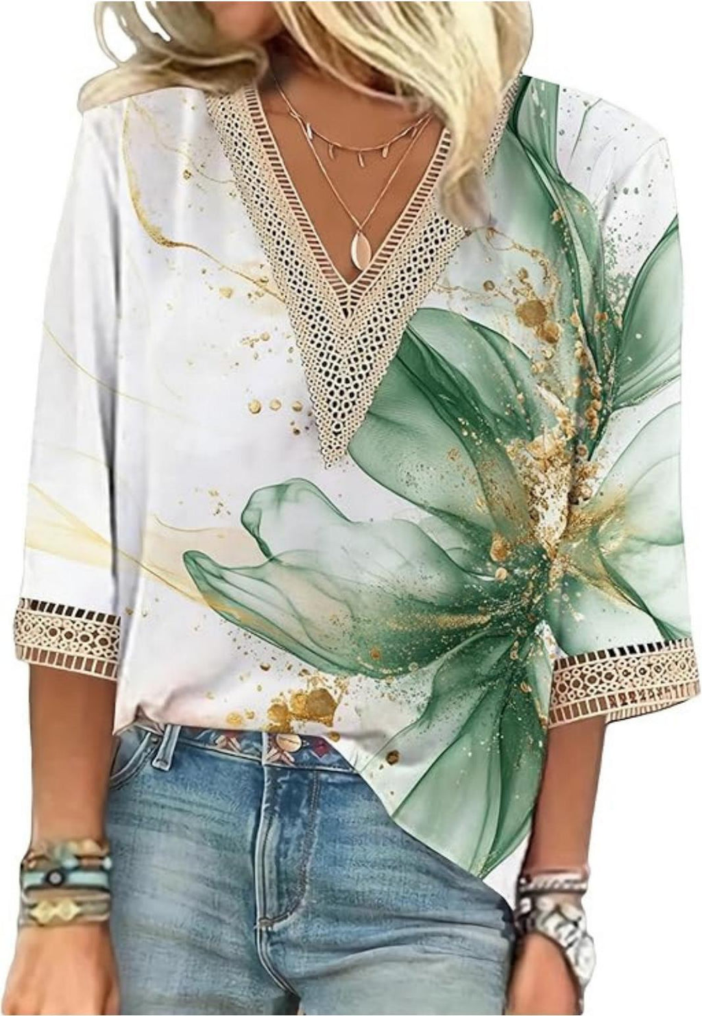 V-neck Lace-trimmed Printed Loose-fit Blouse Top