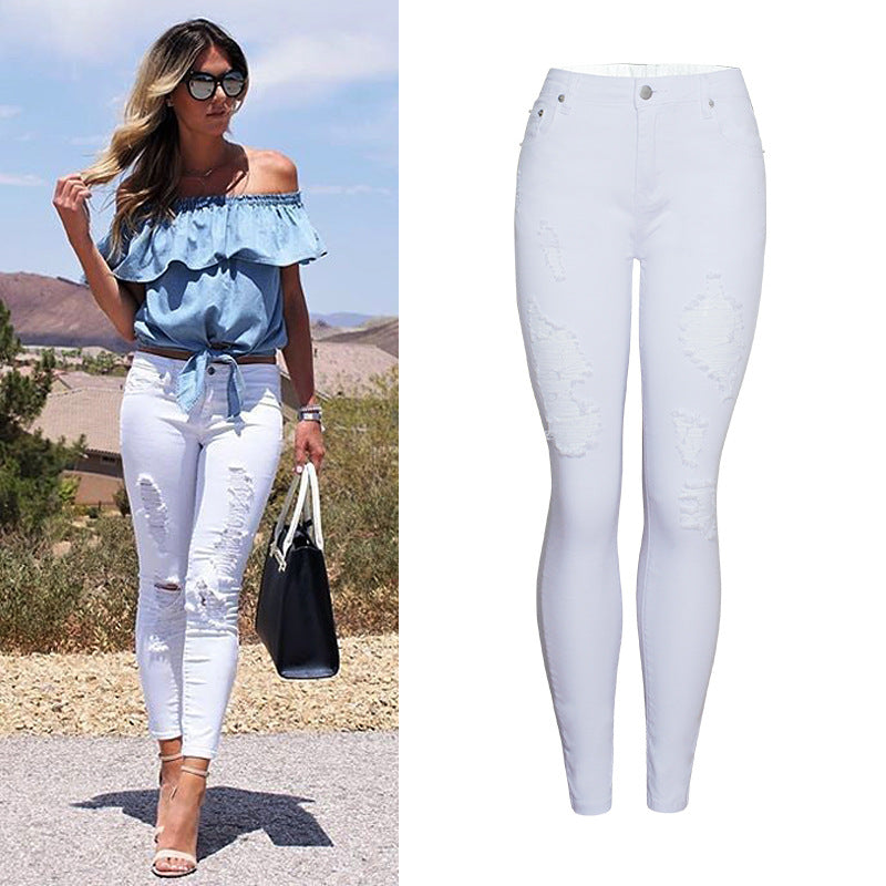 Womens Trendy Slim-fit Solid-color White Ripped Skinny Pants