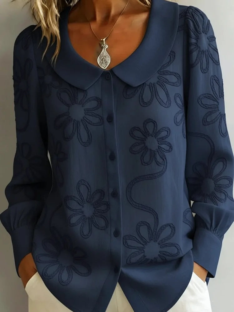 Womens Embroidered Jacquard Doll Collar Long-Sleeve Shirt