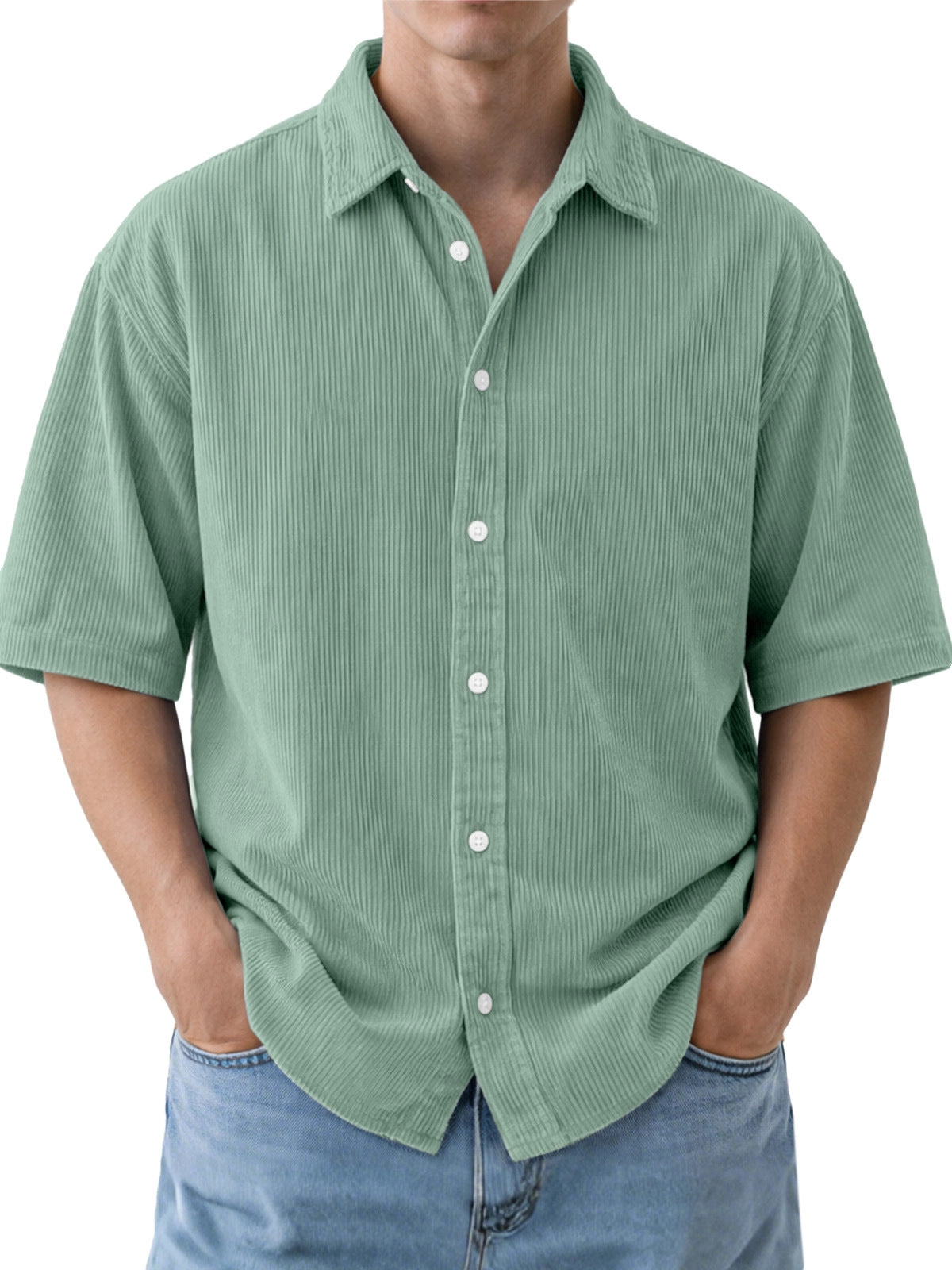 Mens Loose-Fit Solid-Color Corduroy Short-Sleeve Shirt
