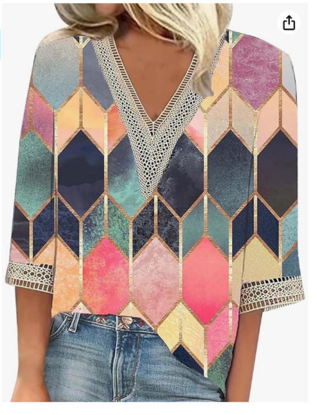 V-neck Lace-trimmed Printed Loose-fit Blouse Top