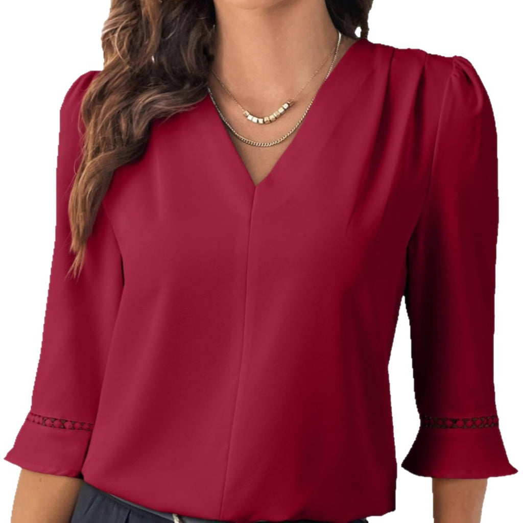 Pleated V-neck Solid-color Three-quarter Flared-sleeve Lacey Loose Blouse