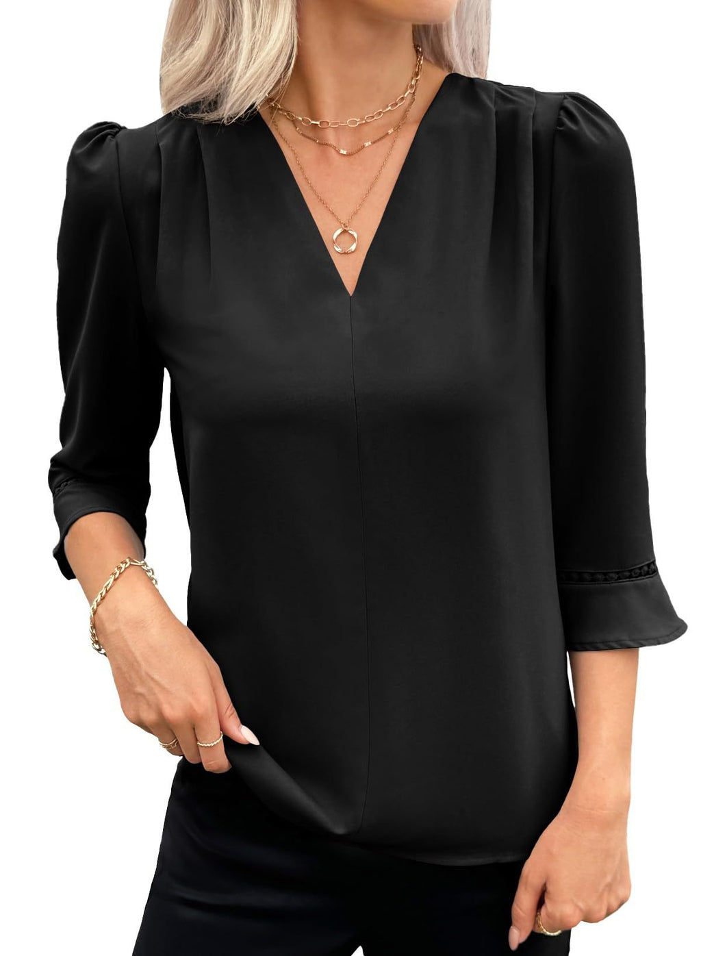 Pleated V-neck Solid-color Three-quarter Flared-sleeve Lacey Loose Blouse