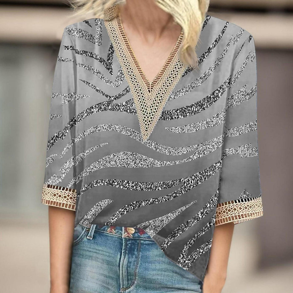 V-neck Lace-trimmed Printed Loose-fit Blouse Top