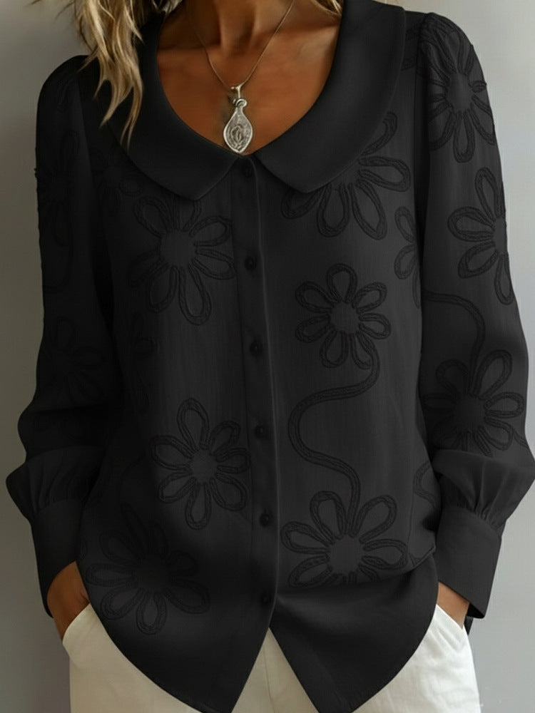 Womens Embroidered Jacquard Doll Collar Long-Sleeve Shirt