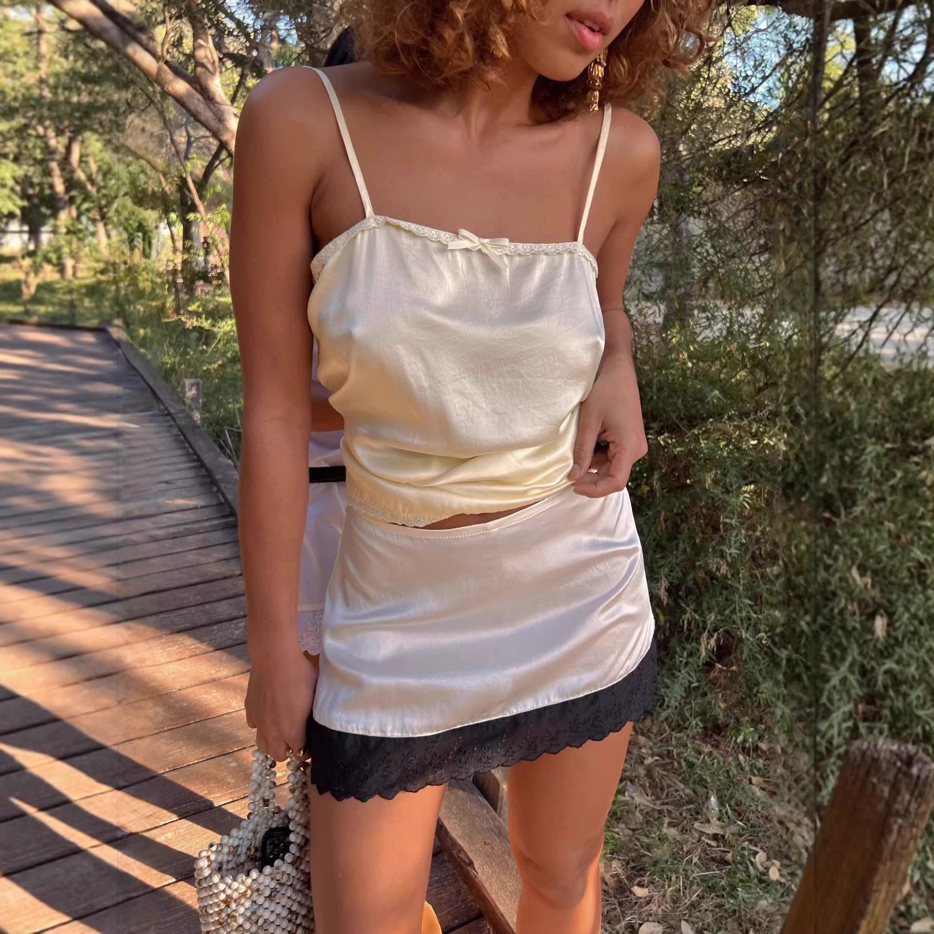 Womens Lace Skirt In Matte Satin Cropped Length