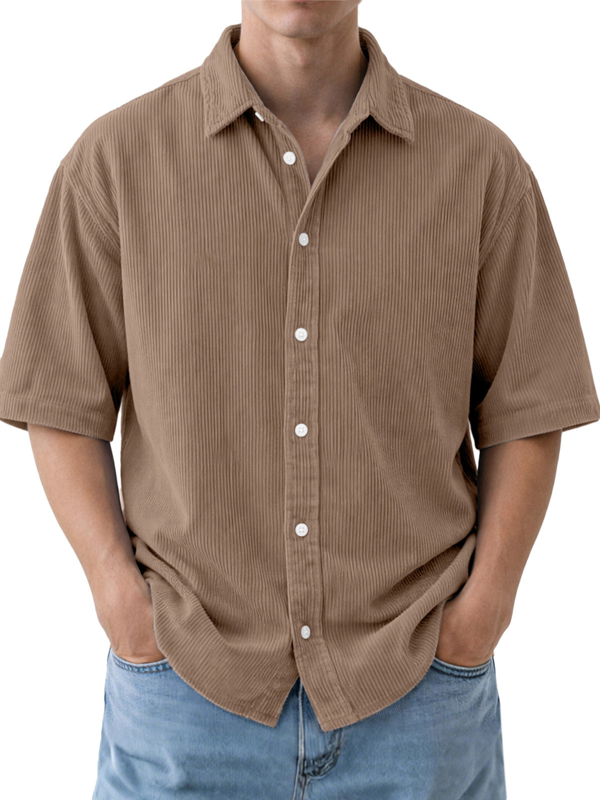 Mens Loose-Fit Solid-Color Corduroy Short-Sleeve Shirt