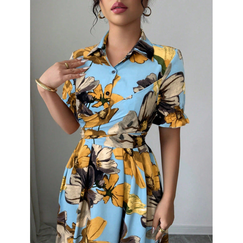 Womens Blouse-collar Puff-sleeve Cross-tie Waist Printed Dress