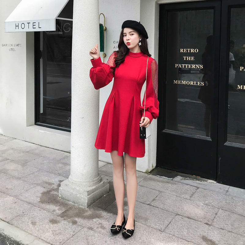 Spliced lantern sleeve dress