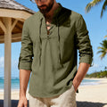 Mens Casual Long-sleeve Linen Henley Shirt