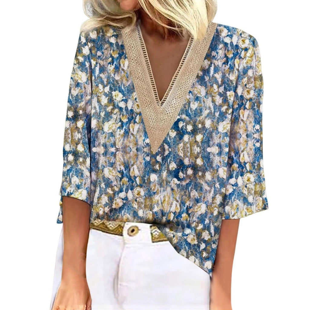 V-neck Lace-trimmed Printed Loose-fit Blouse Top