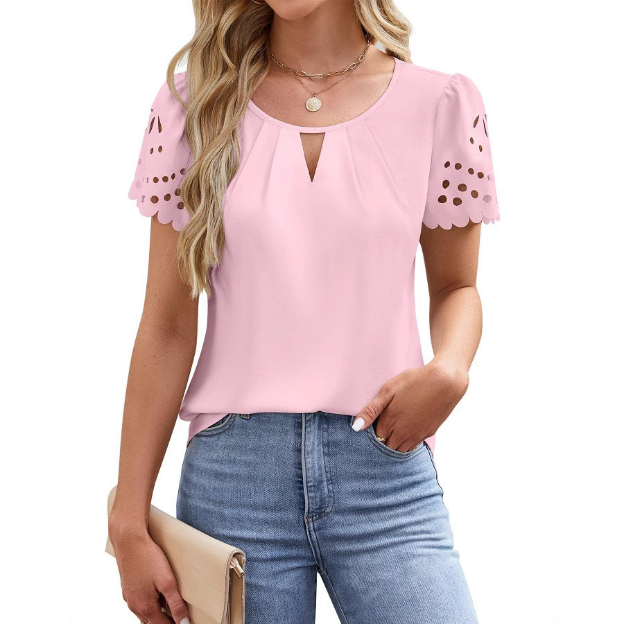 Hollow-out Lace Short-sleeve Chiffon Blouse