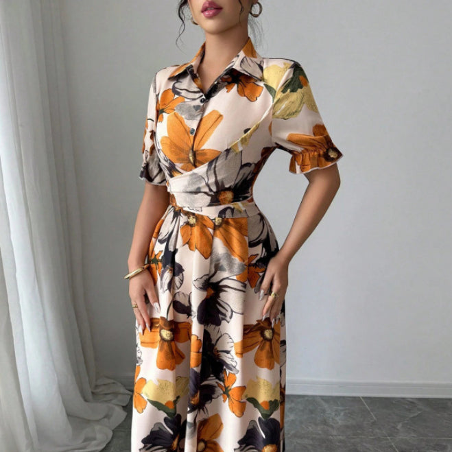 Womens Blouse-collar Puff-sleeve Cross-tie Waist Printed Dress