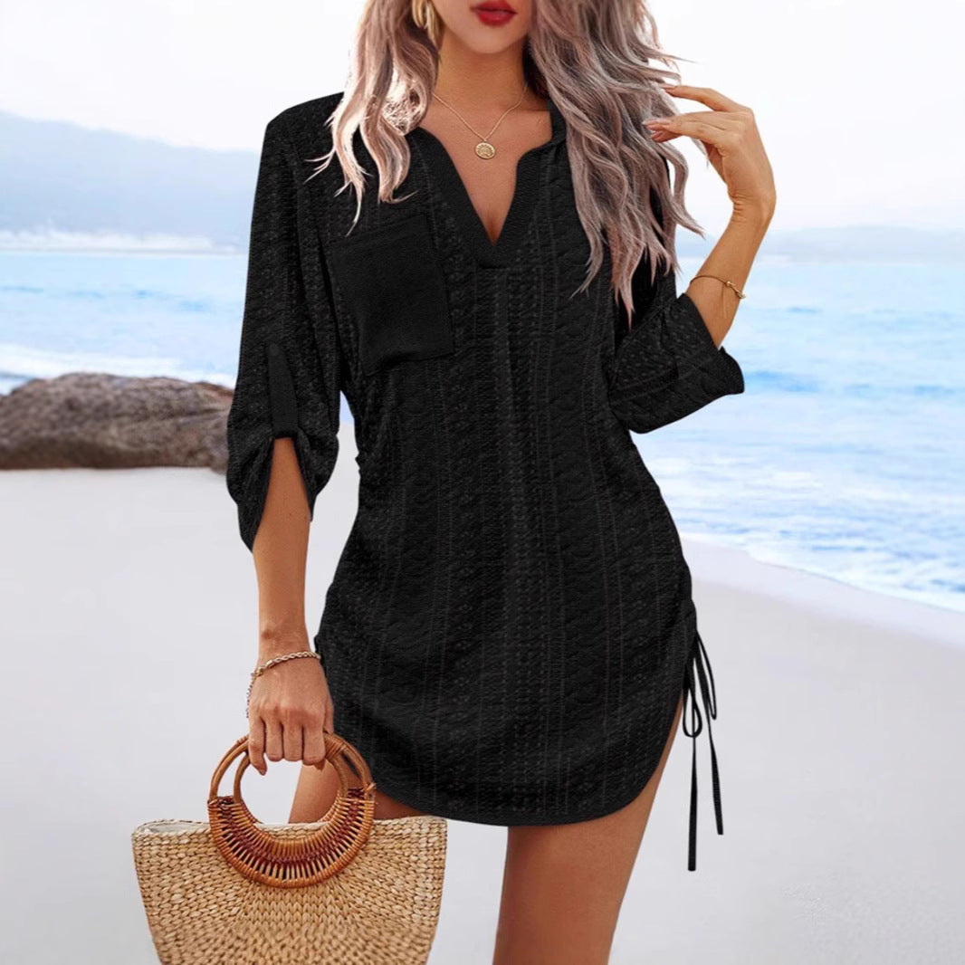 Womens Solid-Color Hollowed-Out Side-Pleated Tie-Detail Dress