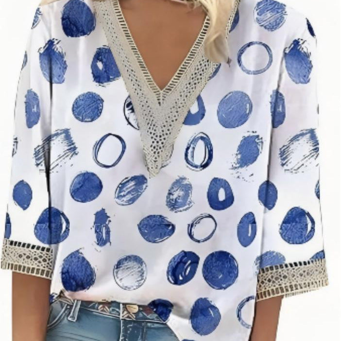 V-neck Lace-trimmed Printed Loose-fit Blouse Top
