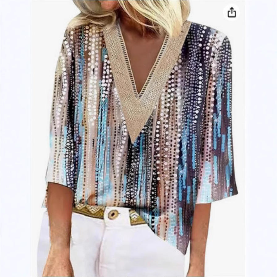 V-neck Lace-trimmed Printed Loose-fit Blouse Top