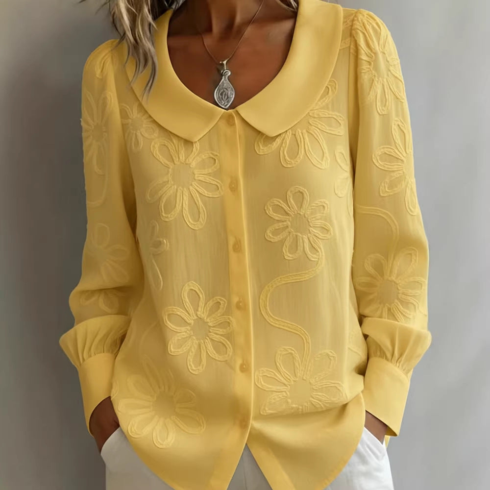 Womens Embroidered Jacquard Doll Collar Long-Sleeve Shirt