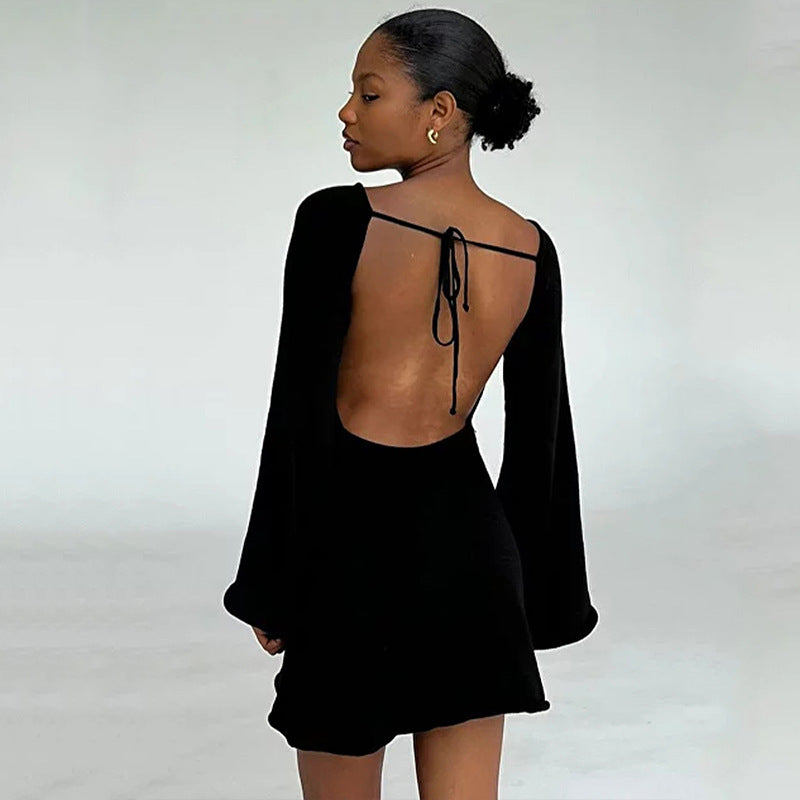 Womens Sexy Loose-fittingBackless Long-sleeve Dress