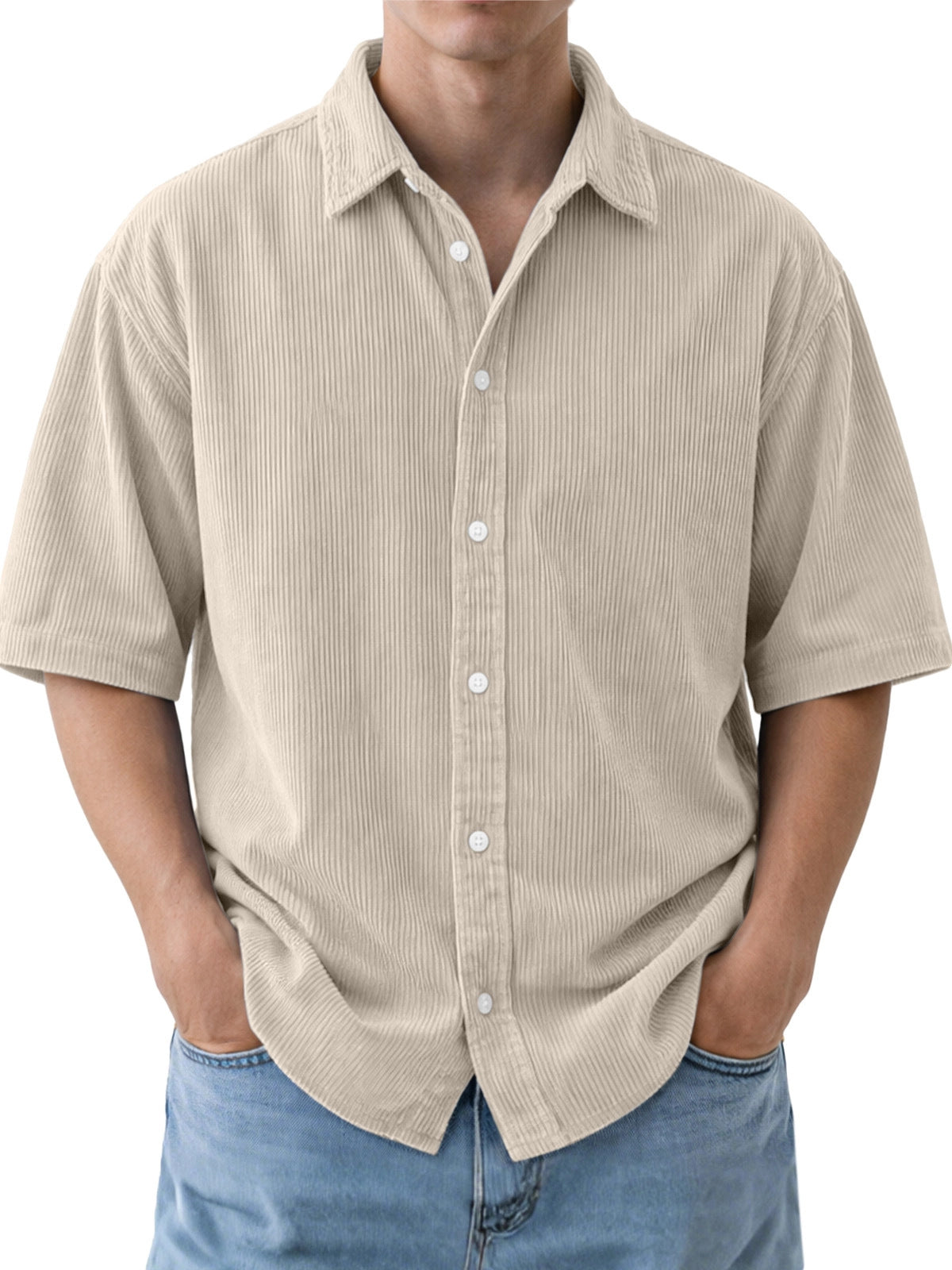 Mens Loose-Fit Solid-Color Corduroy Short-Sleeve Shirt