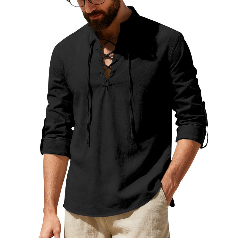 Mens Casual Long-sleeve Linen Henley Shirt