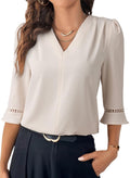 Pleated V-neck Solid-color Three-quarter Flared-sleeve Lacey Loose Blouse