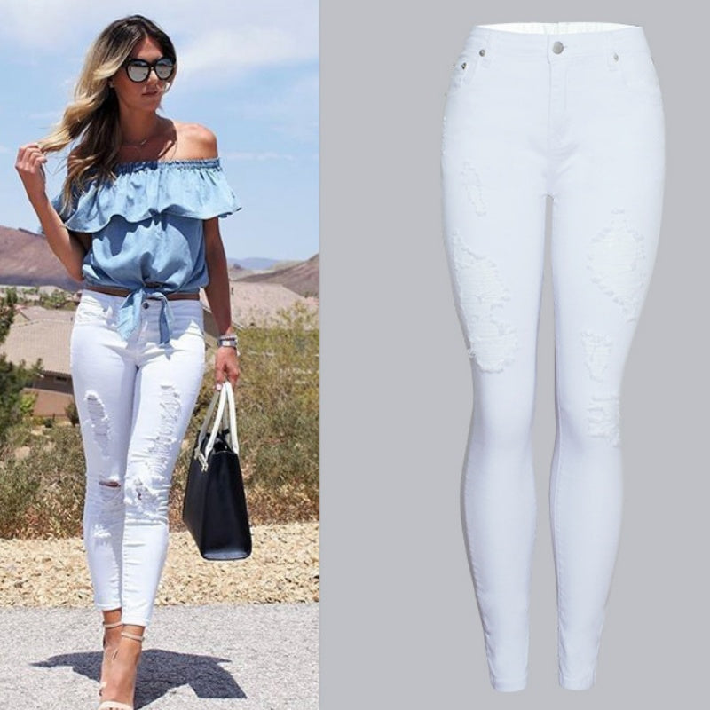 Womens Trendy Slim-fit Solid-color White Ripped Skinny Pants