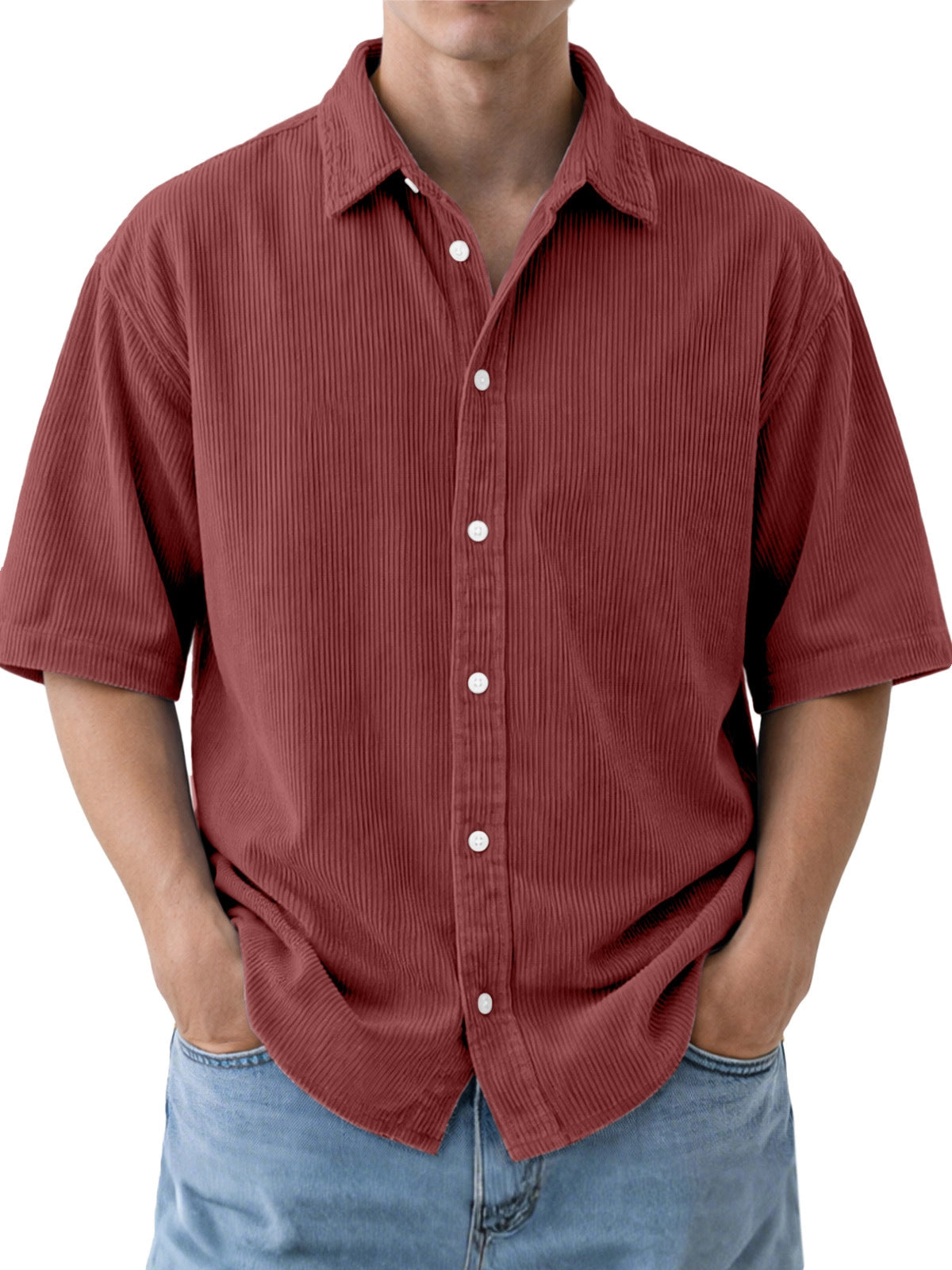 Mens Loose-Fit Solid-Color Corduroy Short-Sleeve Shirt