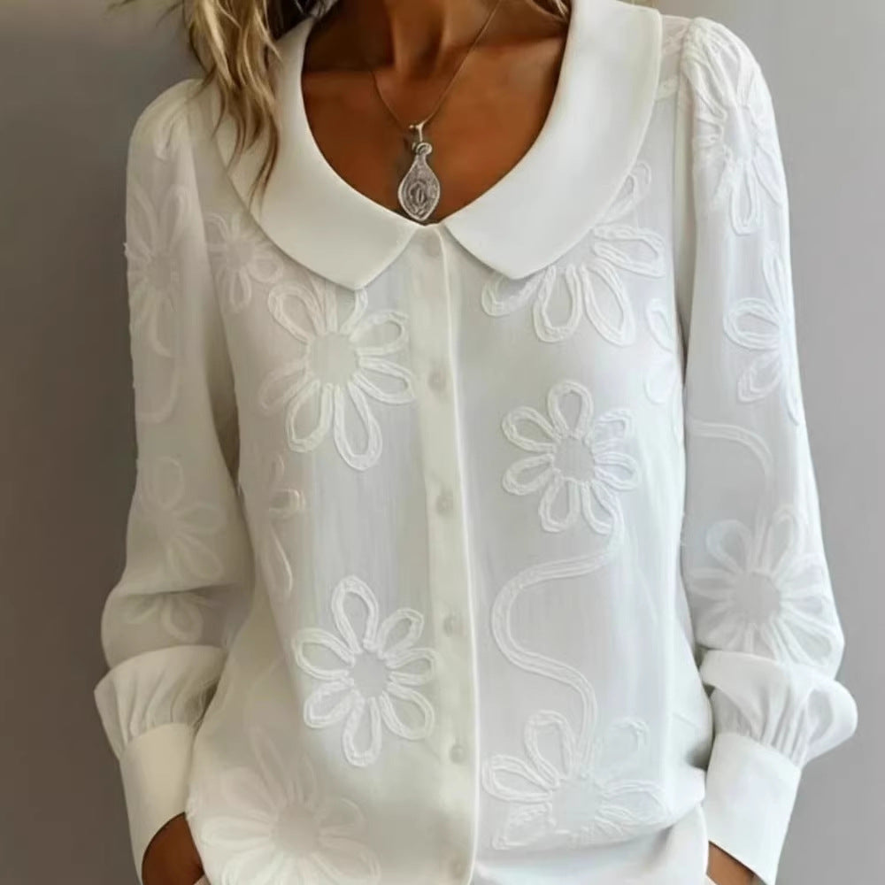 Womens Embroidered Jacquard Doll Collar Long-Sleeve Shirt