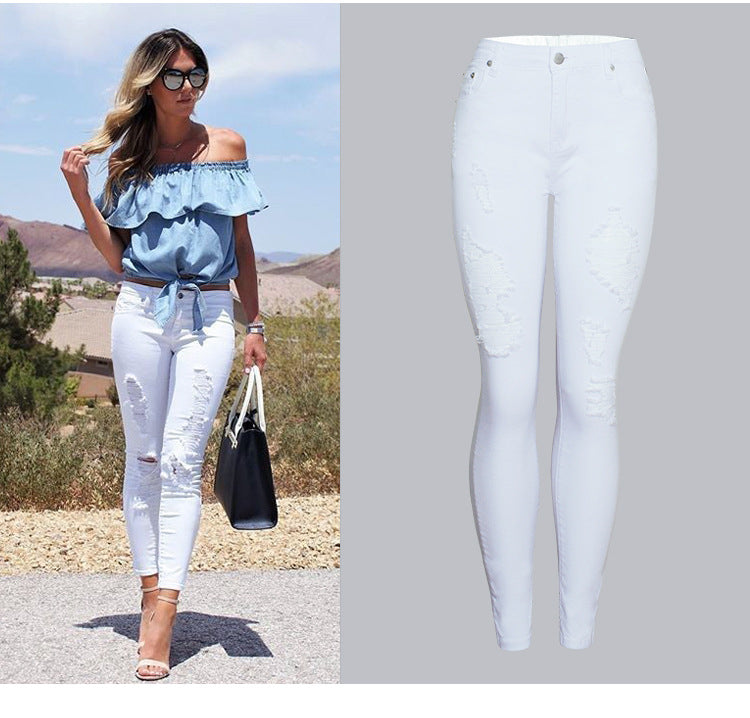 Womens Trendy Slim-fit Solid-color White Ripped Skinny Pants