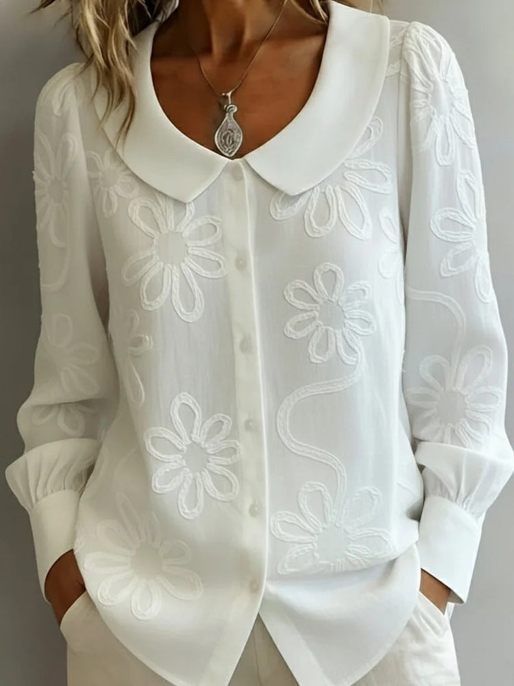 Womens Embroidered Jacquard Doll Collar Long-Sleeve Shirt