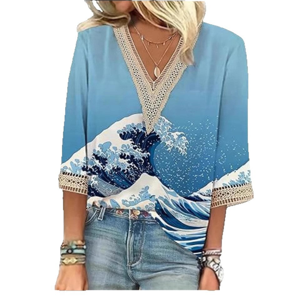 V-neck Lace-trimmed Printed Loose-fit Blouse Top