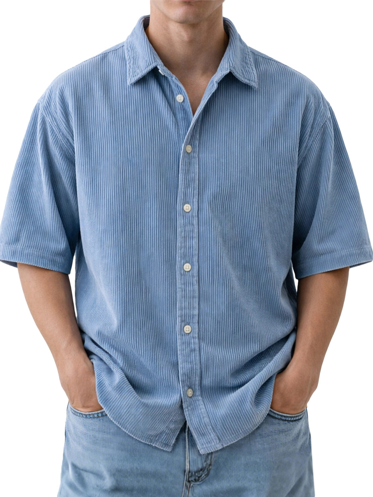 Mens Loose-Fit Solid-Color Corduroy Short-Sleeve Shirt